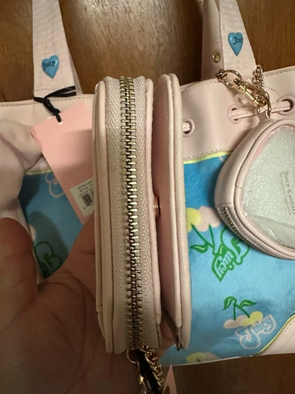Juicy Couture “Retro Juicy Cherry Tote” Gelato Daydreamer &Wallet Set, blue/pink